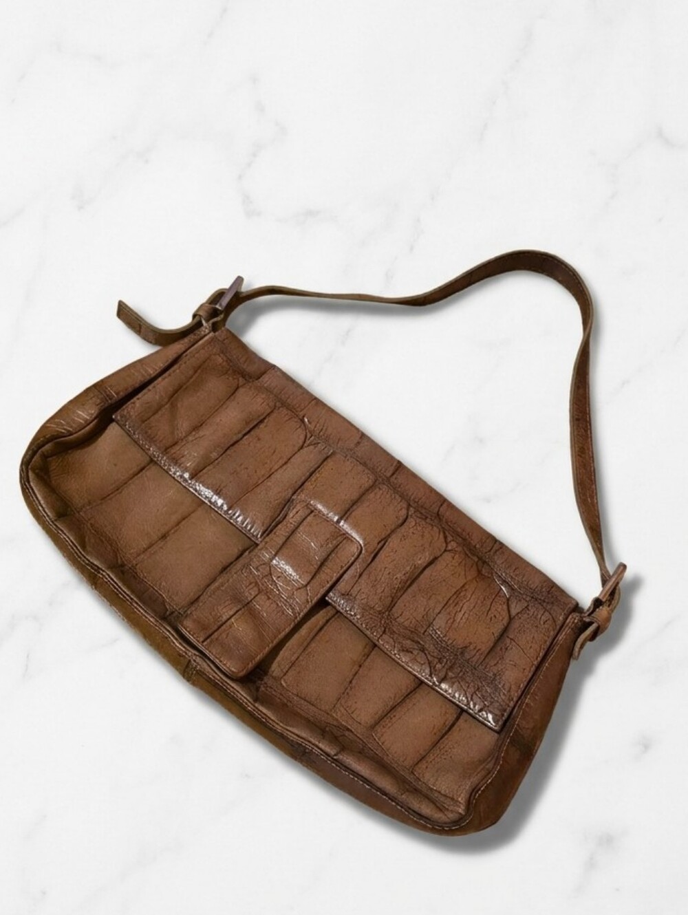 Vintage DANIER Dark Beige Leather Croc-Texture Shoulder Bag with Buckle Detail